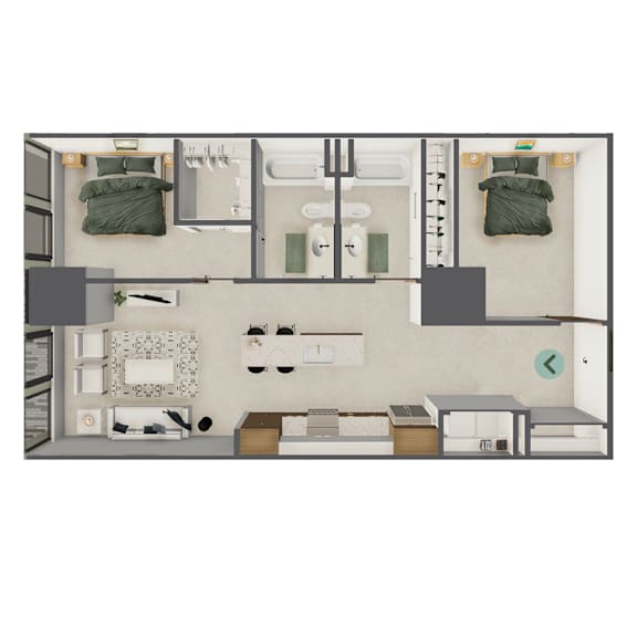 A top-down view of a small apartment with a kitchen, living room, and bedroom.