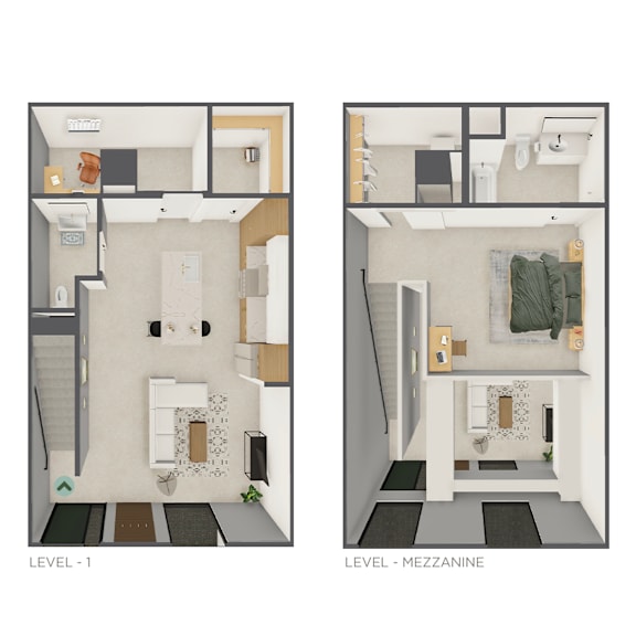 Two images of a small apartment layout, one with a staircase and the other with a mezzanine.
