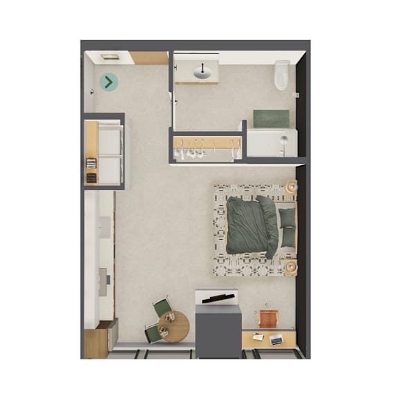 A small room with a bed, a desk, and a chair.