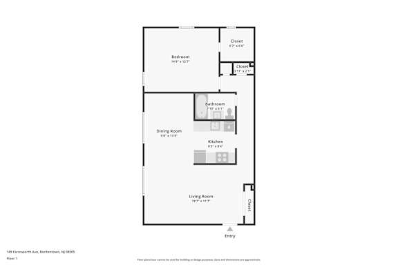A floor plan of a one bedroom apartment in Farmerslane, Bournemouth, showing the layout of the bedroom, dining room, kitchen and living room.