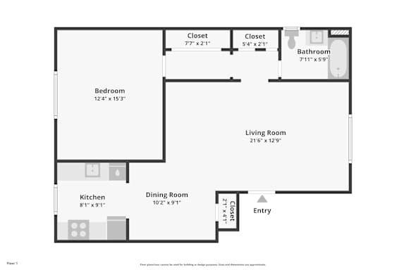 A floor plan of a room with a bedroom, living room, kitchen, dining room, bathroom and two closets.