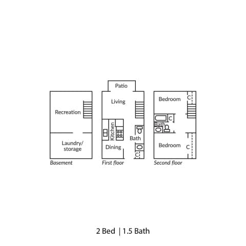 A floor plan of a two bedroom apartment with one and a half baths.