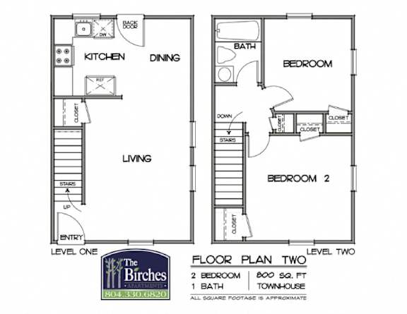 A floor plan for a two level townhouse with two bedrooms and one bathroom.