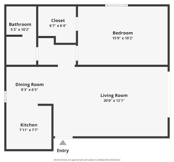 A floor plan of a house with a living room, dining room, kitchen, bedroom, bathroom and closet.