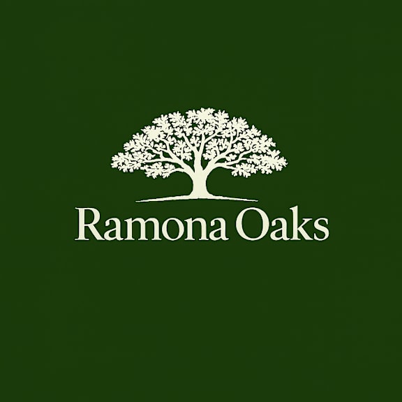 A logo with a tree and the text "Ramona Oaks" on a green background.