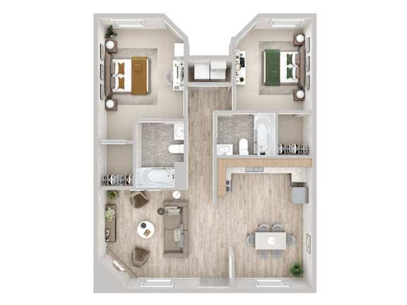 Floor Plan  A top-down view of a two-bedroom apartment with a kitchen, living room, and bathroom.