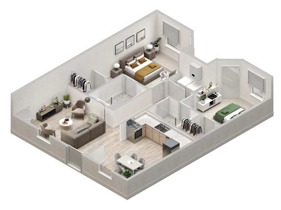 A 3D floor plan of a house with a living room, kitchen, dining room, and bedrooms.