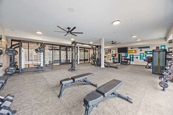 A spacious gym with a variety of equipment including weights and benches.at Adler Montford Park + Drexel Townes, North Carolina, 28209