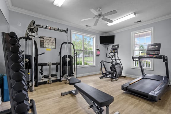 Weight Training and Fitness Room at Granville Oaks Apartment Homes, Creedmoor, NC 27522