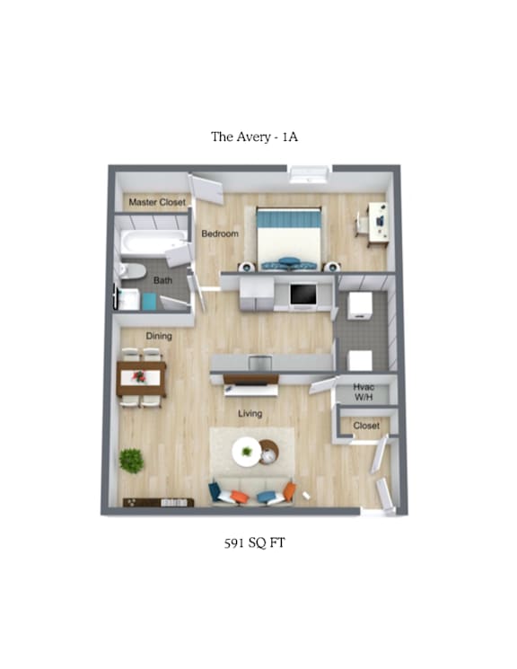 A floor plan of a one-bedroom apartment with a living room, kitchen, bathroom, and bedroom.