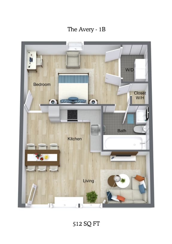 A 3D floor plan of a 1 bedroom apartment.