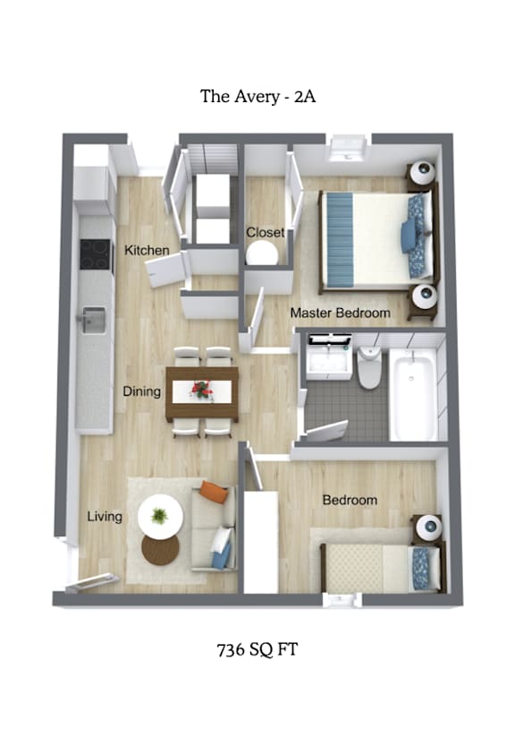 A 2 bedroom apartment floor plan with a living room, dining room, kitchen, and bathroom.