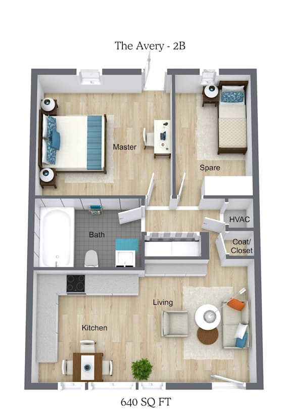 A floor plan of a 2 bedroom apartment with a living room, kitchen, bathroom and bedrooms.