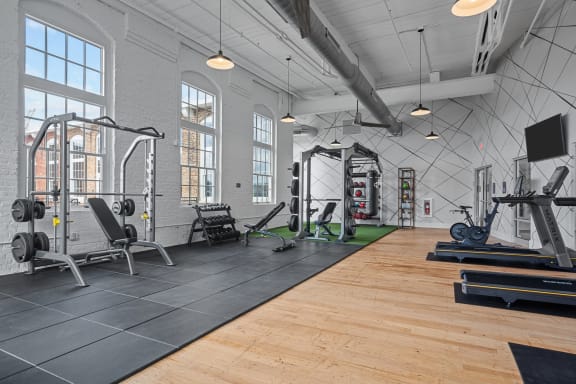 the gym at the lofts at gin alley at Spinning Mill Lofts, North Carolina