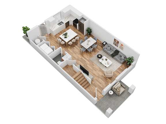 A 3D rendered image of a modern apartment layout.
