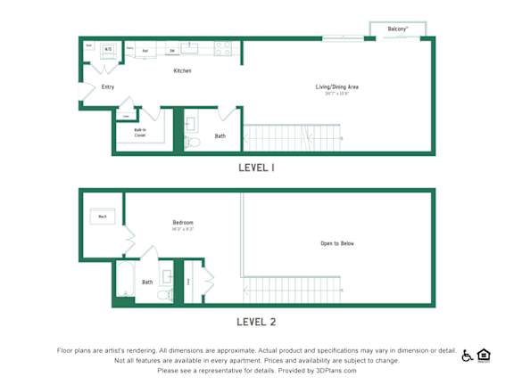 A floor plan for a two-level apartment with a living room, kitchen, bathroom, and bedroom.
