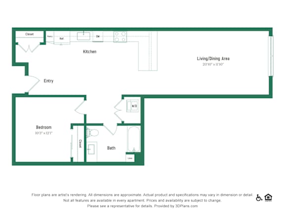 A floor plan of a apartment with a living and dining area, kitchen, bathroom and bedroom.