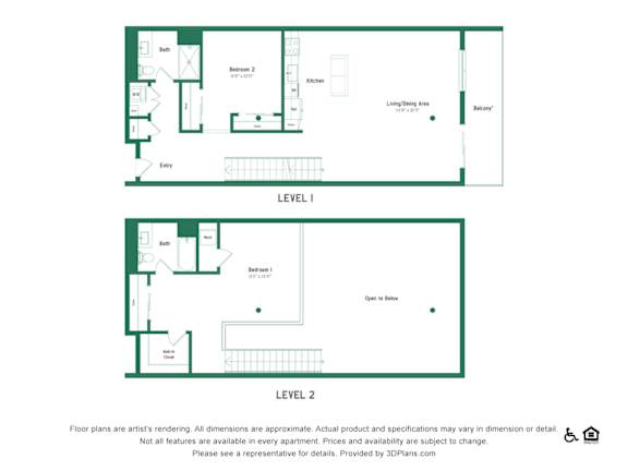 A floor plan for a two-level apartment with a living area, bedrooms, and bathrooms.