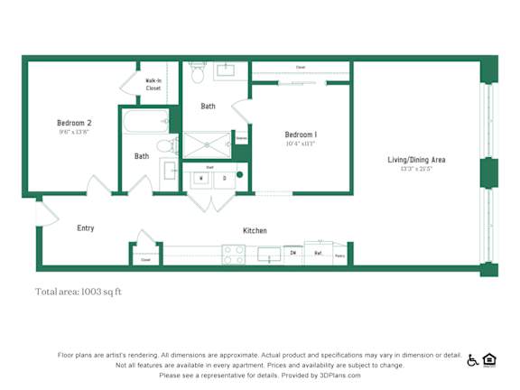 A floor plan of a 1003 square foot apartment with two bedrooms, a living/dining area, and a kitchen.