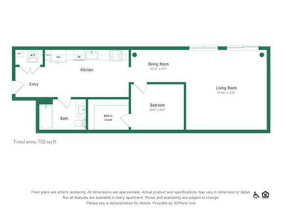 A floor plan of a living space with a kitchen, dining room, and bathroom.