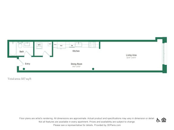 A floor plan of a living area, kitchen, dining room, and bathroom.