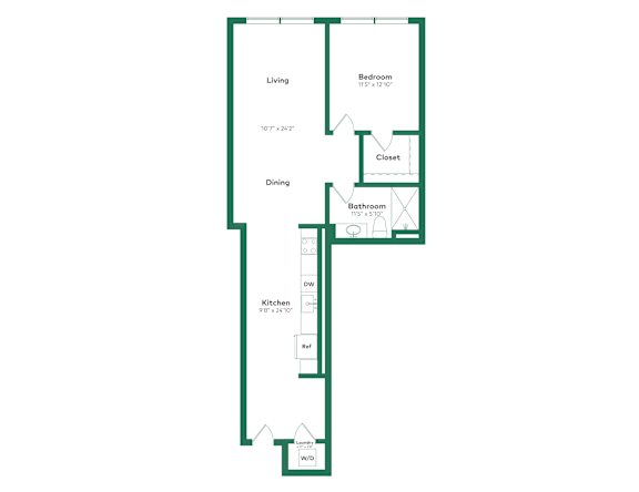 A floor plan of a house with a living room, dining room, kitchen, and bathroom.