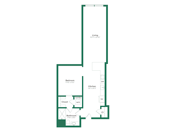 A floor plan of a home with a living room, bedroom, kitchen, laundry closet, and bathroom.
