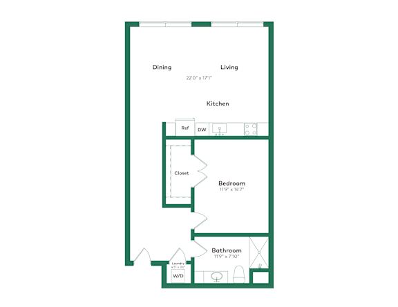 A floor plan of a house with a dining area, kitchen, bedroom, bathroom and a closet.