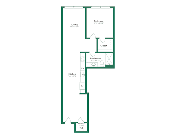 A floor plan of a house with a living room, bedroom, bathroom, kitchen, and closet.