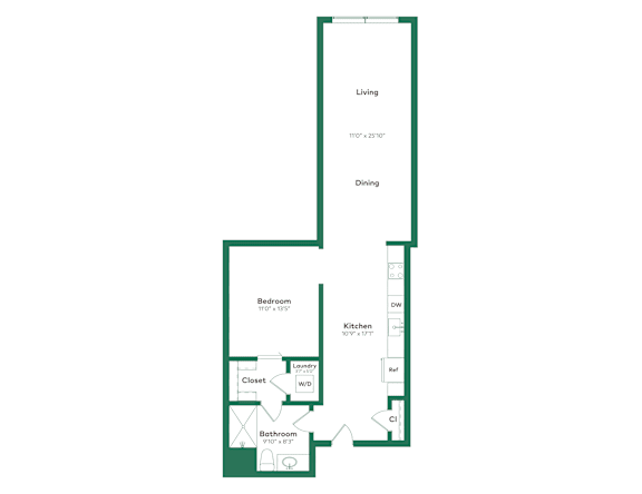 A floor plan of a house with a living room, dining room, kitchen, bathroom, bedroom, and closet.