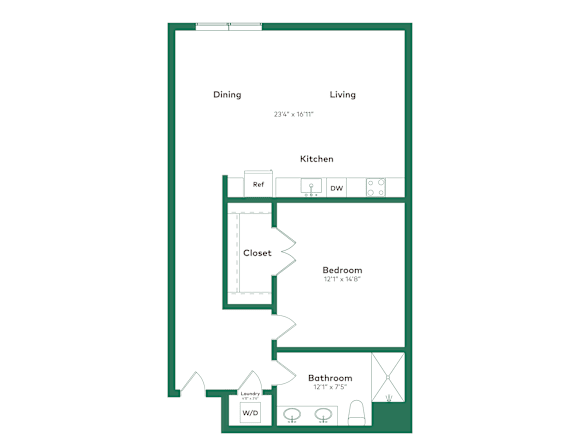 A floor plan of a small apartment with a kitchen, bathroom, and bedroom.