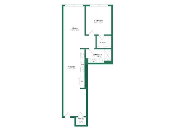 A floor plan of a house with a living room, two bedrooms, a bathroom, a kitchen, and a laundry room.