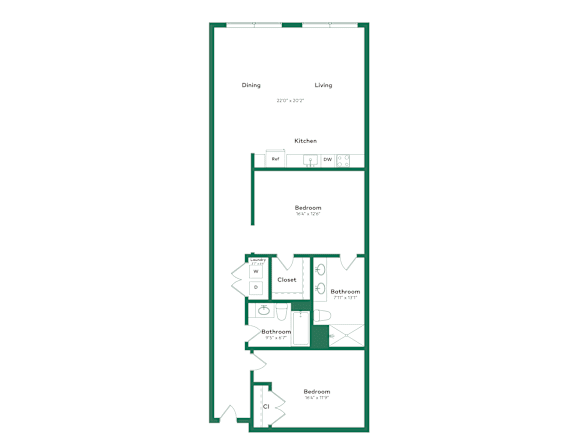A floor plan of a house with a dining room, living room, kitchen, and three bedrooms.