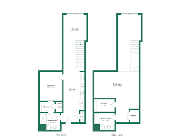 A floor plan of a two-story building with two bedrooms, two bathrooms, a living room, a kitchen, a dining room, a closet, and a mech.