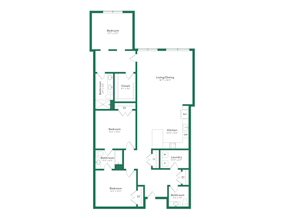 A floor plan of a house with a living room, two bedrooms, a bathroom, a laundry room, and a kitchen.
