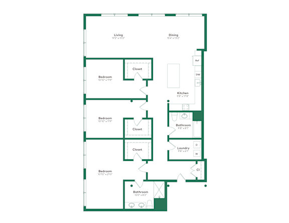 A floor plan of a house with labeled rooms such as Bedroom, Bathroom, Kitchen, Living room, and Dining room.