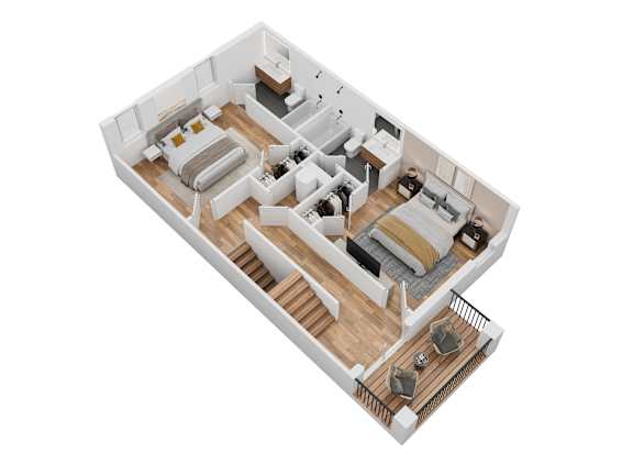 A 3D image of a house layout with a living room, kitchen, dining room, and bedrooms.