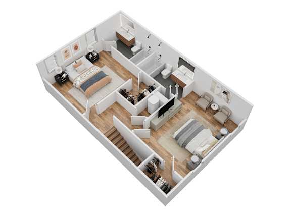 A top down view of a small apartment with two bedrooms, a bathroom, and a living room.