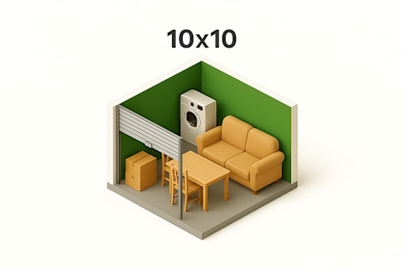 A 10x10 room with a couch, chair, and box.
