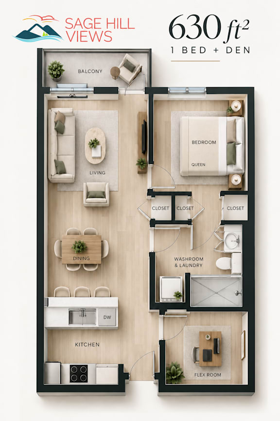 A floor plan of a 1 bedroom and den apartment at Sage Hill Views.