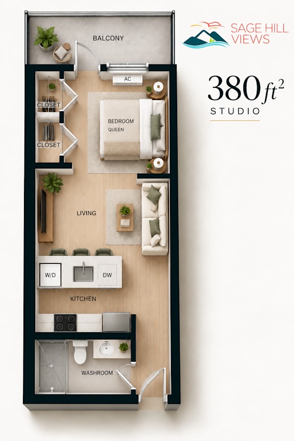 A 3D floor plan of a studio apartment with a balcony, living room, bedroom, kitchen, and bathroom.