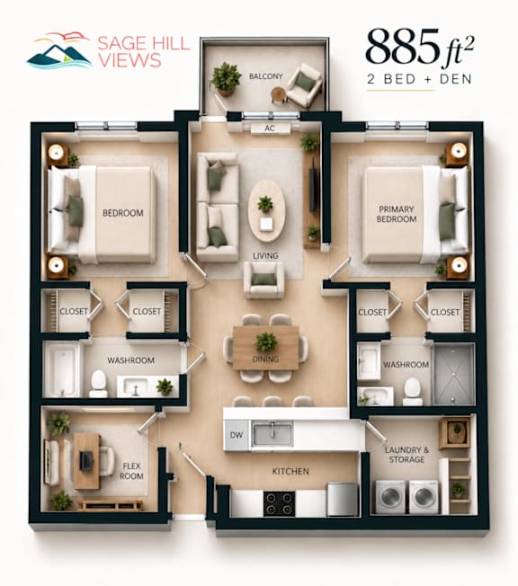 A floor plan of a 2 bedroom, 2 bathroom apartment with a living room, dining room, kitchen, and laundry/storage area.