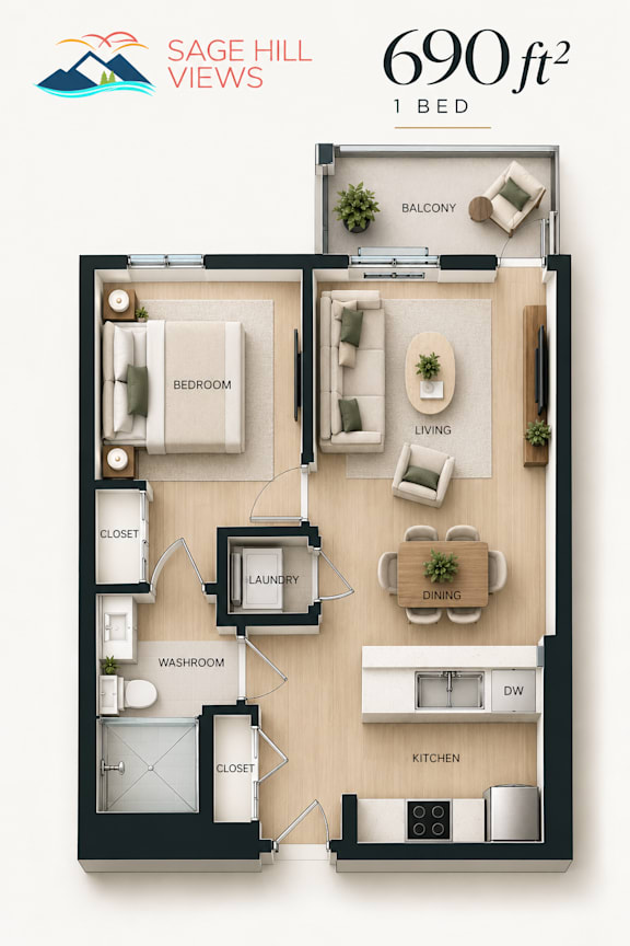 A floor plan of a 1 bedroom apartment at Sage Hill Views.