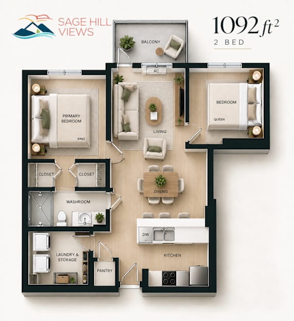 A floor plan of a 2 bedroom apartment with a living room, dining room, kitchen, and bathroom.