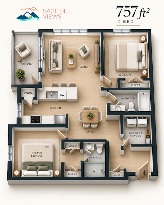 A 2 bedroom apartment layout with a living room, kitchen, dining room, and bathroom.