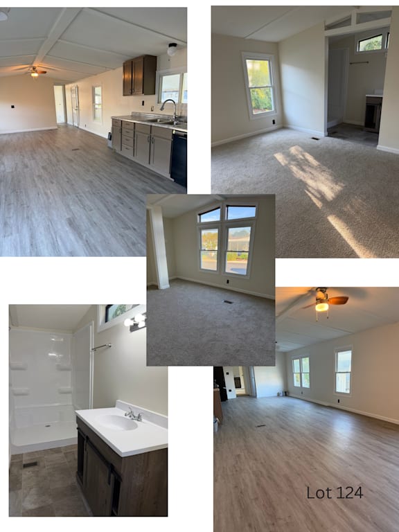 A collage of images showing various rooms of a property, including a kitchen, bathroom, and living room.