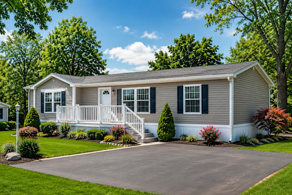 Floor Plan  A house with a grey roof and white trim is surrounded by greenery.