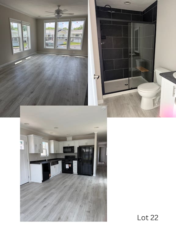 A spacious room with a kitchen and a bathroom.