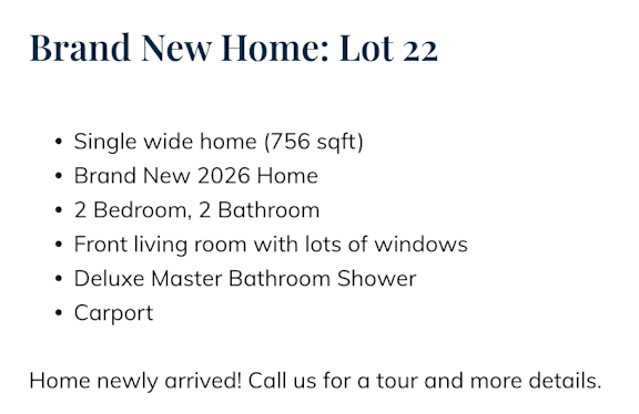 A slide advertising a new home with a list of its features.