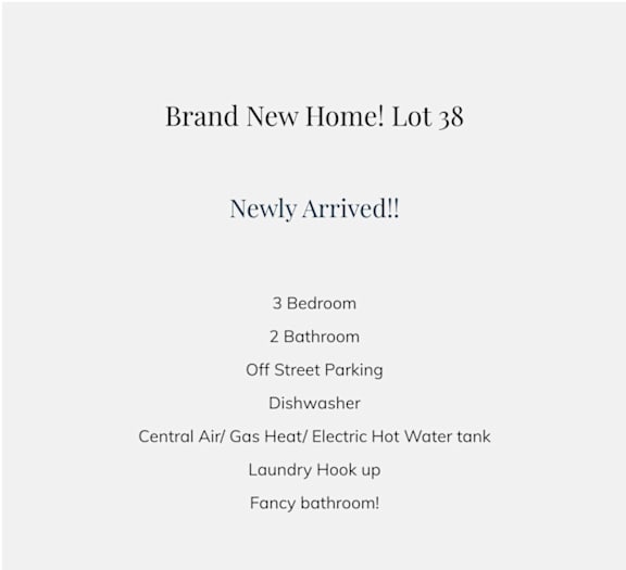 A white background with text announcing a new home at lot 38.